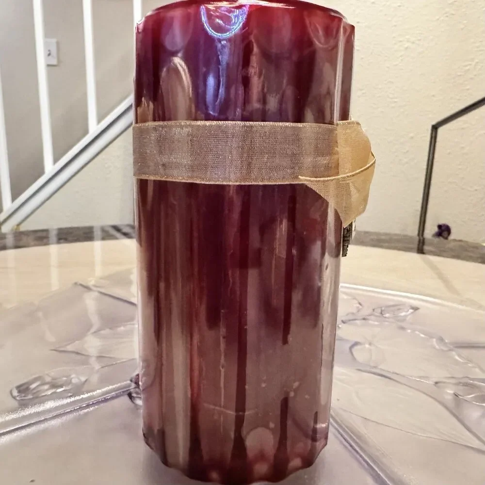 Pier 1 Sugar Plum 3x6 Ribbed Pillar Candle w/ Gold Ribbon & Jewel Charm Holiday